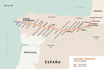 French Way map. Camino De Santiago or The Way of St.James. France. Ancient pilgrimage path to the Santiago de Compostela on the north of Spain. - obrazy, fototapety, plakaty