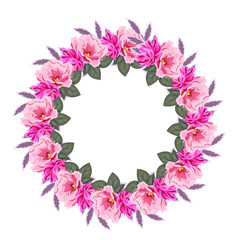 Beautiful floral wreath of pink flowers. Template for greeting cards, invitations, weddings, Valentine's Day, birthdays. Vector illustration drawn by hand.
