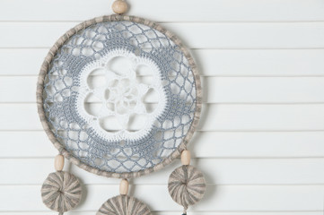 Gray white crochet doily dream catcher
