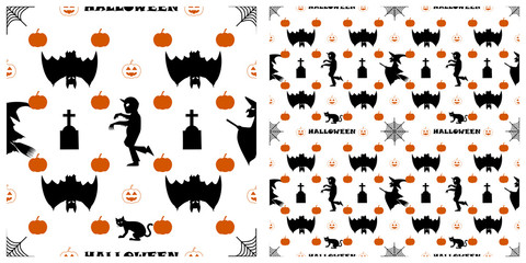 Obraz premium Seamless of Halloween pattern on transparent background. Single pattern is shown in the left. The example of assembly seamless is shown in the right. 