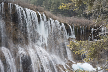 Waterfall on rocks in a coniferous forest