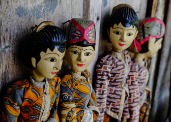 Four traditional Javanese Wayang Golek theatre puppets being sold as sourvenirs in Pawon, Java