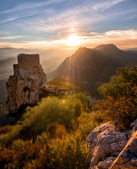 Old Castle staring at Fall's colors: Sunset taken in the French Cathare region the day before the last moon eclipse.
