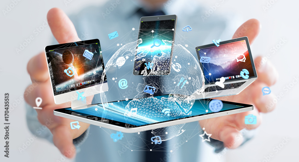 Aufkleber Businessman connecting tech devices to each other 3D rendering