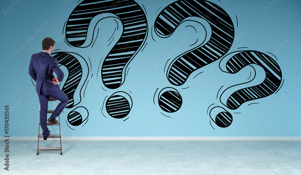 Poster businessman watching a question mark sketch on a wall 3d rendering