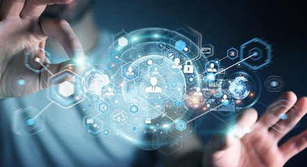 Businessman using social network interface 3D rendering