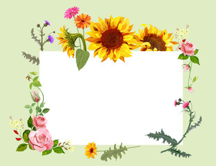 Autumn background: red roses, yellow sunflowers, gerbera daisy flower, purple thistle. Digital draw, illustration in watercolor style, mock-up, template, frame for design, vector