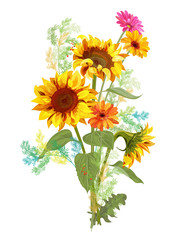 Naklejka premium Bouquet autumn flowers: yellow sunflowers, orange gerbera daisy flower, small green twigs of Asparagus on white background. Digital draw, illustration in watercolor style for design, vector