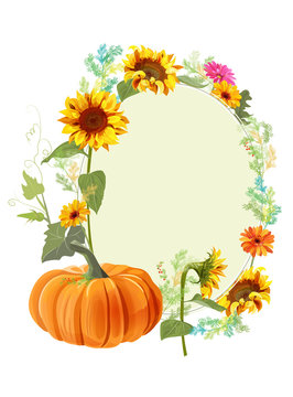 Autumn background: orange pumpkin, yellow sunflowers, gerbera daisy flower, small green twigs of Asparagus. Digital draw, illustration in watercolor style, mock-up, template, floral frame, vector