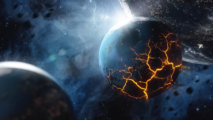 Abstract planet with huge cracks with lava in space. Elements of this image furnished by NASA. © fotomaximum