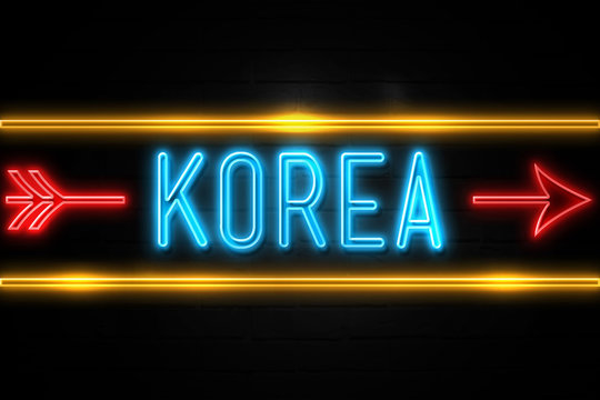 Korea  - fluorescent Neon Sign on brickwall Front view