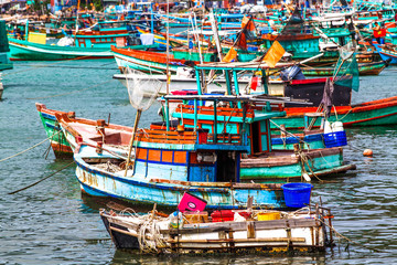 Fototapeta na wymiar traditional colorful vietnamese fishing boats in Nam Du island, Kien Giang, Vietnam