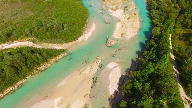 Camera flight over The Isar River that flows to Sylvenstein Lake in Bavarian Alps near Garmisch Partenkirchen. Germany, Central Europe. 