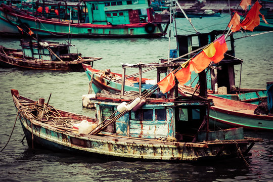 traditional colorful vietnamese fishing boats in Nam Du island, Kien Giang, Vietnam