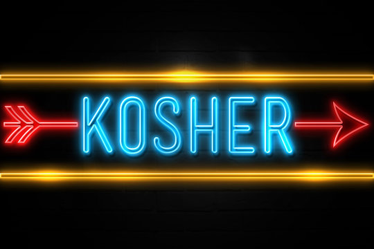 Kosher  - fluorescent Neon Sign on brickwall Front view