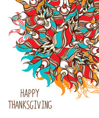 Abstract zen art flowrer. Happy Thanksgiving card template. Curly, wavy lines and stripes, floral fantasy motifs
