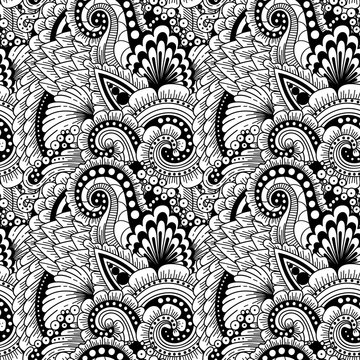 Seamless ornamental  ethnic doodle  pattern. Floral background with flowers, berries, waves, leaves, curly lines. Good for wallpaper, pattern fills, textile, fabric, wrapping, surface textures.