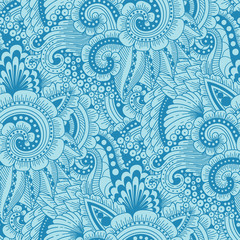 Seamless ornamental  ethnic doodle pattern. Floral background with flowers, berries, waves, leaves, curly lines. Good for wallpaper, pattern fills, textile, fabric, wrapping, surface textures.
