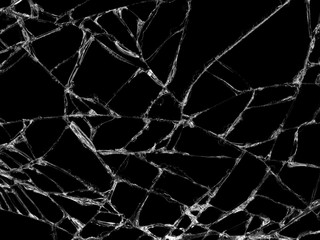 Cracked glass texture on black background. Isolated realistic cracked glass effect.