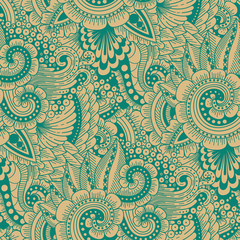 Seamless ornamental  ethnic doodle pattern. Floral background with flowers, berries, waves, leaves, curly lines. Good for wallpaper, pattern fills, textile, fabric, wrapping, surface textures.