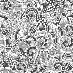 Seamless ornamental  ethnic doodle pattern. Floral background with flowers, berries, waves, leaves, curly lines. Good for wallpaper, pattern fills, textile, fabric, wrapping, surface textures.