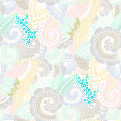 Seamless ornamental vivid ethnic doodle pattern. Floral background with flowers, berries, waves, leaves, curly lines. Good for wallpaper, pattern fills, textile, fabric, wrapping, surface textures.