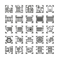 House heating system line icons or symbols