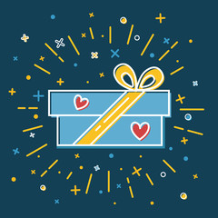 Shining gift box icon with hearts in flat style