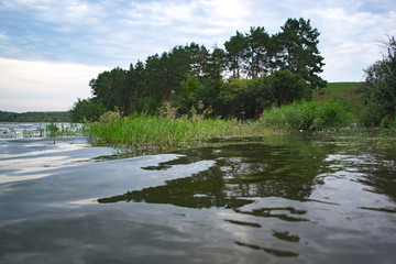 Summer cloudy day on a pond landscape.