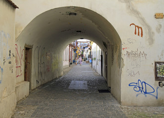 arch passage on the narrow street in Kosice, Slovakia