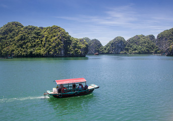 Naklejka premium cruising among beautiful limestone rocks and secluded beaches in Ha Long bay, UNESCO world heritage site, Vietnam