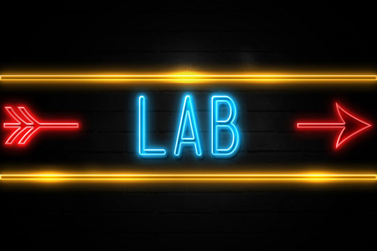 Lab  - fluorescent Neon Sign on brickwall Front view