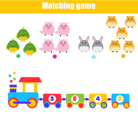Fototapeta premium Math educational game for children. Matching mathematics activity. Counting game for kids