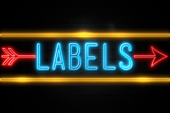Labels  - fluorescent Neon Sign on brickwall Front view