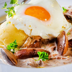 Forest mushroom sauce with fresh mushrooms, potato and poached egg