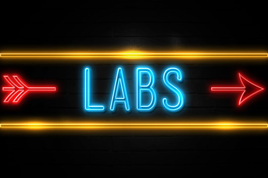 Labs  - fluorescent Neon Sign on brickwall Front view