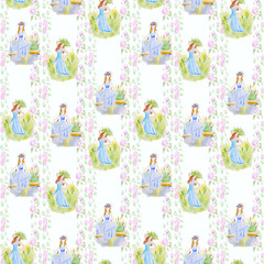 Watercolor illustration of a flowers and girls