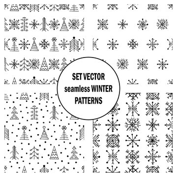 Set of seamless vector patterns with fir-trees, snowflakes. seasonal winter background with cute hand drawn fir trees Graphic illustration. Series of winter seamless vector patterns.