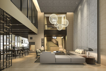 3d rendering luxury and modern living room and dining room