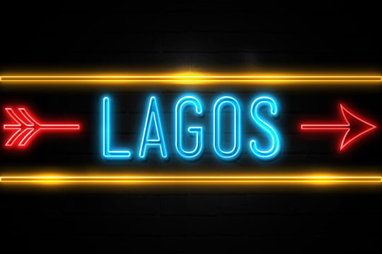 Lagos  - fluorescent Neon Sign on brickwall Front view