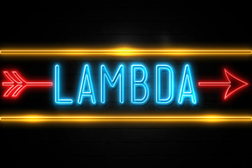 Lambda  - fluorescent Neon Sign on brickwall Front view