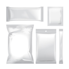 Set of white blank foil bag packaging for food, snack, coffee, cocoa, sweets, crackers, chips, nuts, sugar. Vector plastic pack mock up