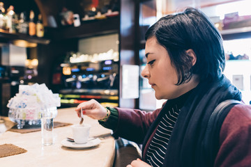 Young woman drinking cafe relaxing - break, caffeine, breakfast concept