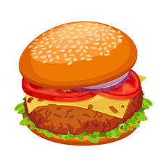 Hamburger with cutlet, piece of cheese, lettuce, tomatoes with onion