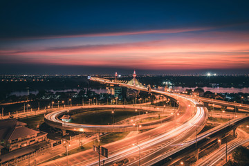 Fototapeta na wymiar Long exposure light on the highway and beautiful twilight sky