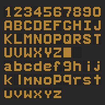 Orange LED digital english uppercase, lowercase font, number display on black background