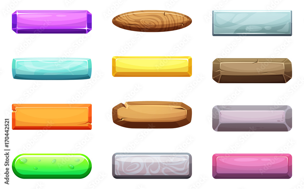 Poster vector cartoon set of ui buttons. template for game design projects