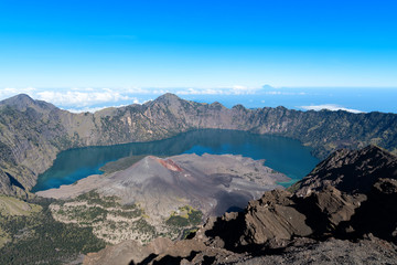 Scenery of Mount Rinjani, active volcano and crater lake from the summit, Lombok - Indonesia.