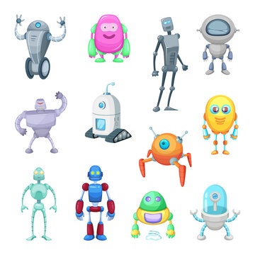 Characters of funny robots in cartoon style. Vector mascot set of androids and astronauts
