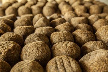 Cheese factory production shelves with aging cheese